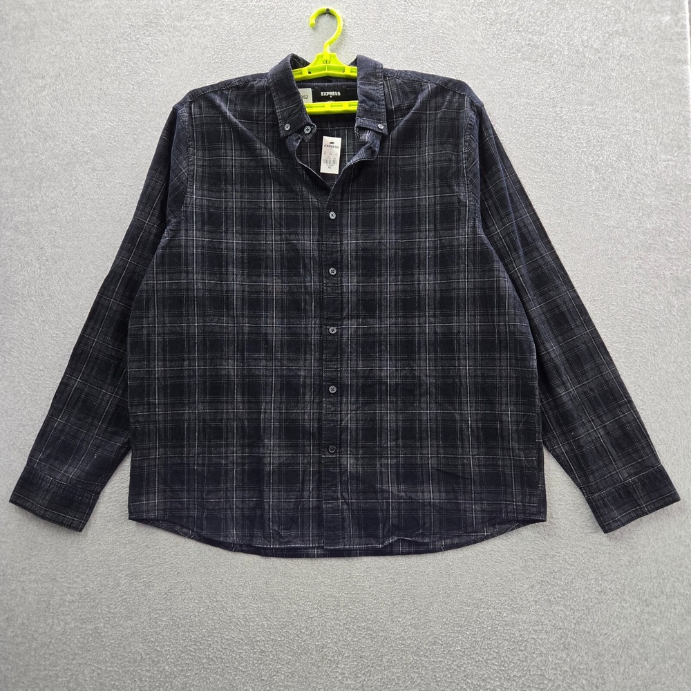 Express Men Button Up Shirt 2XL Gray Plaid Corduroy Long Sleeve Collar NWT
